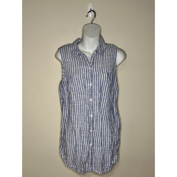 J. Jill 100% Linen Blue & White Stripe Sleeveless Button Down Shirt Size S EUC!! - Picture 1 of 5